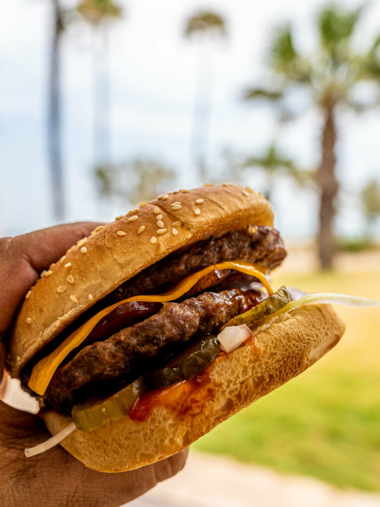 Burger de Pingüins en la mano con las palmeras de la playa detrás