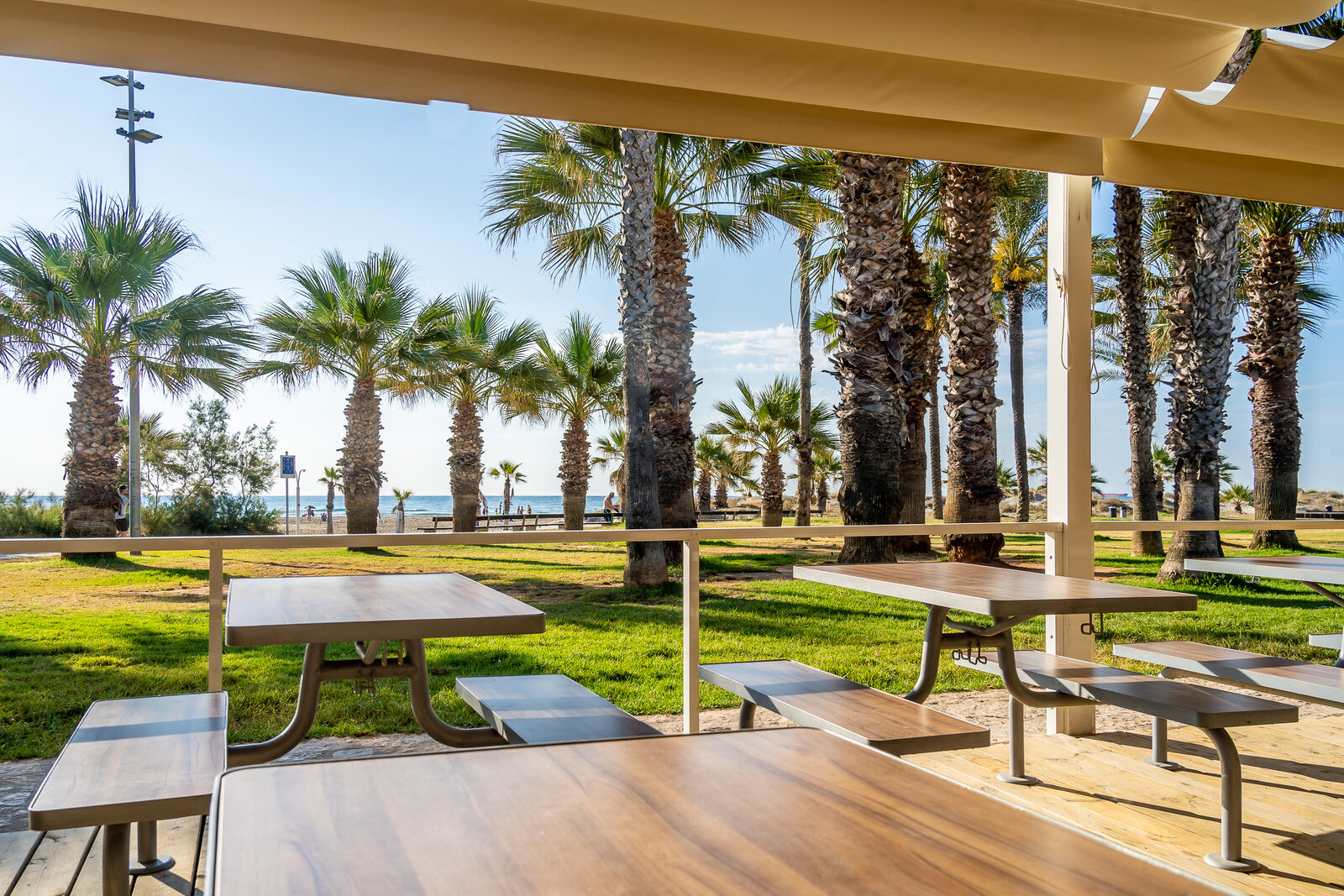 Terraza cubierta de Pingüins con las palmeras y el mar delante